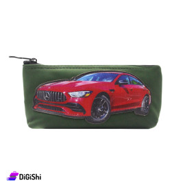 Single Layer Leather Pencil Case with Red Car Design - Olive