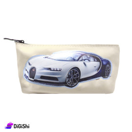 Single Layer Leather Pencil Case with White Car Design - Light Beige