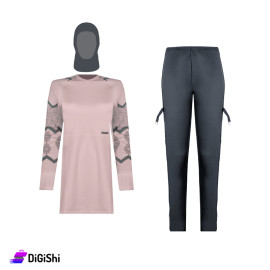 بوركيني مزخرف قطعتنان مع حجاب STARTER - زهر