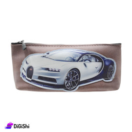 Single Layer Leather Pencil Case with White Car Design - Bronze