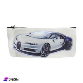 Single Layer Leather Pencil Case with White Car Design - White