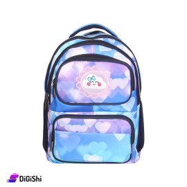 Three Layers School Backpack with a Cloud and Hearts Pattern - Navy and Medium Purple
