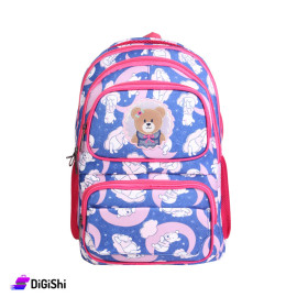 Three Layers School Backpack with a Bear Pattern - Fuchsia and Blue
