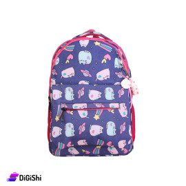 Three Layer Cat Print Sport Backpack With Unicorn Pendant - Purple