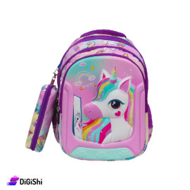LEXI LP 3404 Waterproof Canvas Three Layer Relief Unicorn Backpack With Pencil Case