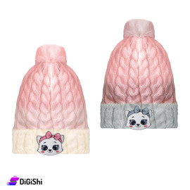 Children's Wool Hat Fur lined with Cat logo - Pink