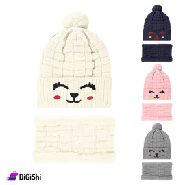 Children's Wool Hat And Collar Padded With Fur Cat Eyes Drawing