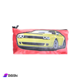 Single Layer Leather Pencil Case with Yellow Car Design - Pink