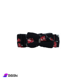 Hair Bond With Bow And Red Flowers Prints - Black