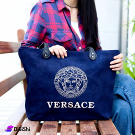 Women's Versace Logo Velvet Shoulder Bag Navy