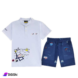 طقم ولادي صيفي كنزة نص كم لون أبيض وشورت كحلي DIADORA