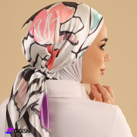 حجاب ساتان ماركة التقى لون أبيض مع نقشة معرقة لون زهر وأسود