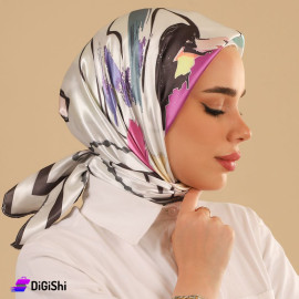 حجاب ساتان ماركة التقى مع نقشة طائر لون أبيض وخطوط سوداء