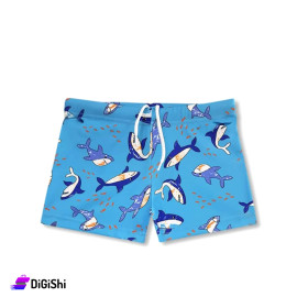 Boy's Shorts DIADORA Brand Cyan Color Printed With A Blue Whale
