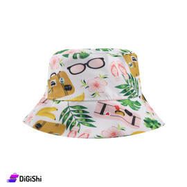 Women's Leaves and Bags Drawing Bucket Cap White