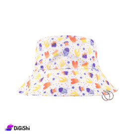 Women's Sea Planets Drawing Bucket Cap with Metal Rings White