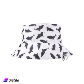 Women's Shark Drawing Bucket Cap with Metal Rings White
