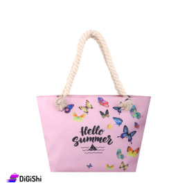 Women's Beach Bag Pink Color with Butterflies Drawing