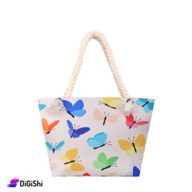 Women's Beach Bag with Colorful Butterflies Drawing Beige