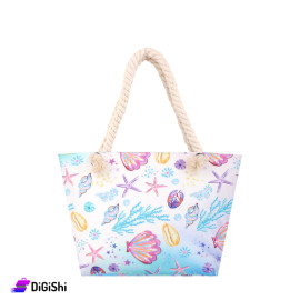Women's Beach Bag White and Blue Color with seashells Drawing