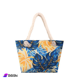 Women's Beach Bag Blue and Yellow Color with Leaves Drawing