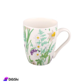 Ceramic Mug with Leaves and Rose Pattern in Violet and White Colors