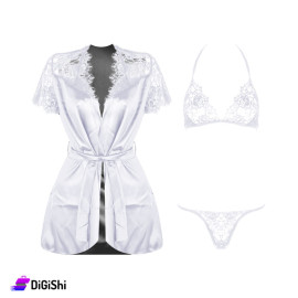 Sway Three Piece Satin Lingerie Set in White Colour