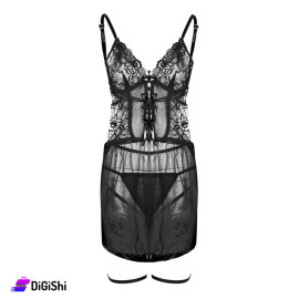 Sway Tulle Embroidered Chiffon Lingerie Dress with Leg Tassels Black