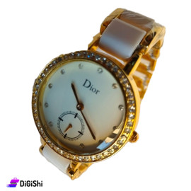 ساعة يد نسائية مع عقرب ثواني متحرك Dior لون ذهبي وأبيض