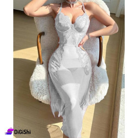 Sway Chiffon Lingerie Dress Embroidered with Lace and Strings White Color