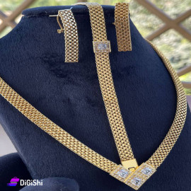 طقم إكسسوار ذهبي عريض وحجر مربع فضي مكون من سنسال وحلق وإسوارة