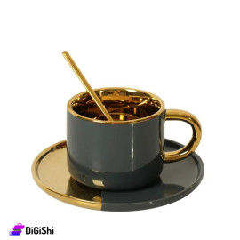 Ceramic Cup with Saucer and Spoon Gray and Gold Color