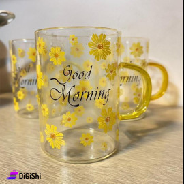 كوب زجاج شفاف مع رسمة ورود صفراء وعبارة Good Morning