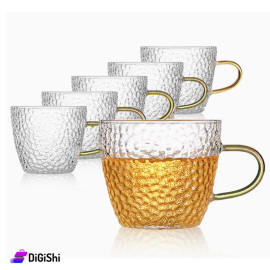 Set of 6 Small Clear Glass Stone Pattern Cups with Golden Handle