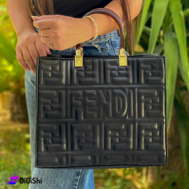 Women's Leather Shoulder Bag with Plastic Handle Embroidered with FENDI Logo Black