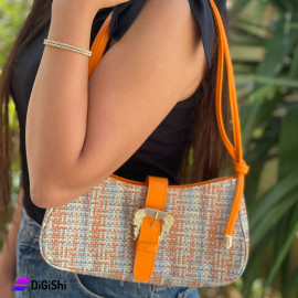 Women's Leather Shoulder Bag with VERSACE Logo Tie Strap Orange