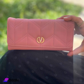 Women's Leather Three Layer Wallet Valentino Logo Pink