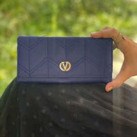 Women's Leather Three Layer Wallet Valentino Logo Navy