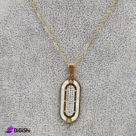 Stainless Steel Necklace with Rectangular Pendant and Strass Gold and White