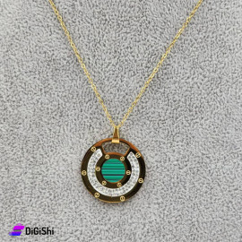 Stainless Steel Necklace with Semicircular Pendant and Strass Gold and Green
