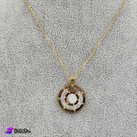 Stainless Steel Necklace with Semicircular Pendant and Strass Gold and White