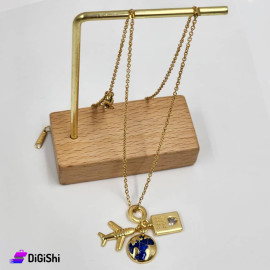 Stainless Steel Necklace with Plane and Globe and Passport Pendant Gold