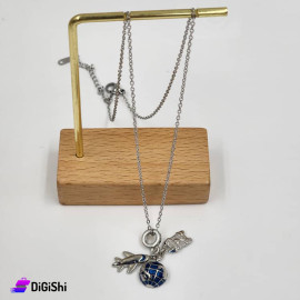 Stainless Steel Necklace with Plane and Globe and Lock Pendant Silver