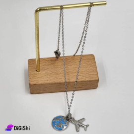 Stainless Steel Necklace with Plane and Globe Pendant Silver