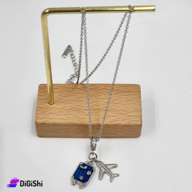 Stainless Steel Necklace with Plane and Suitcase Pendant Silver