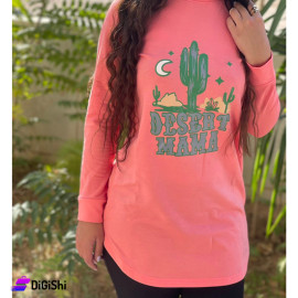 Women's Polyester Long Sweater Cactus Drawing Pink