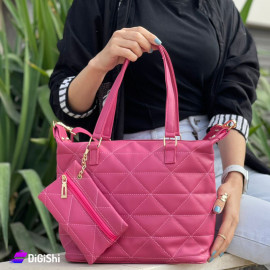 Women's Leather Bag with Rhombus Embroidery and Small Wallet in Fuchsia Color