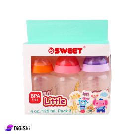 Set of 3 baby bottles SWEET Brand 125ml clear with colored caps