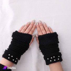Pair of Fingerless Woolen Gloves with Fur Black Color