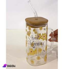 Glass Cup with Wooden Lid and Straw Good and Morning Word Transparent